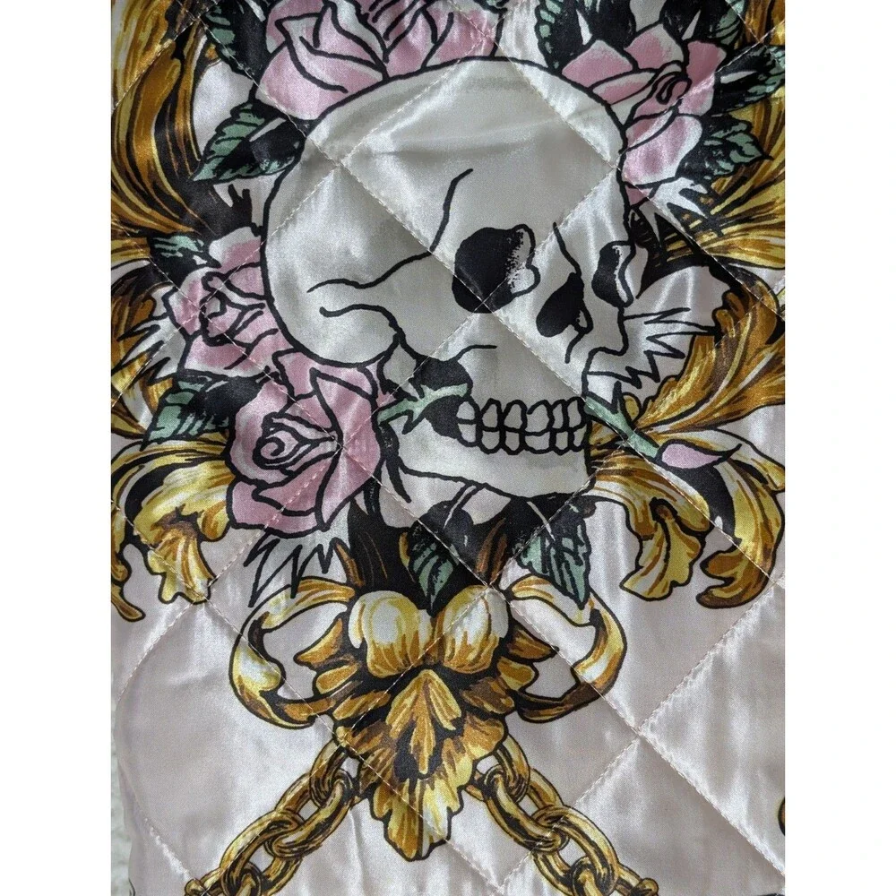 Ed Hardy 3-Piece King Satin Quilt Set Pink Skull Roses Tattoo Bedding NWT